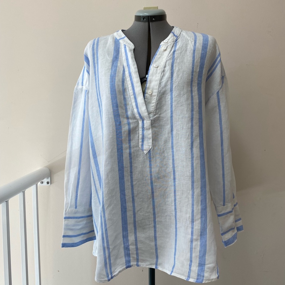 H & M Linen White Striped Pullover Women’s Shirt size Large